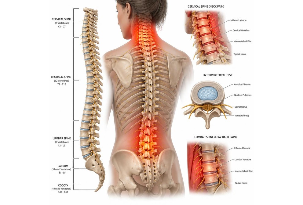 Clinical illustration of cervical spine structures associated with neck pain