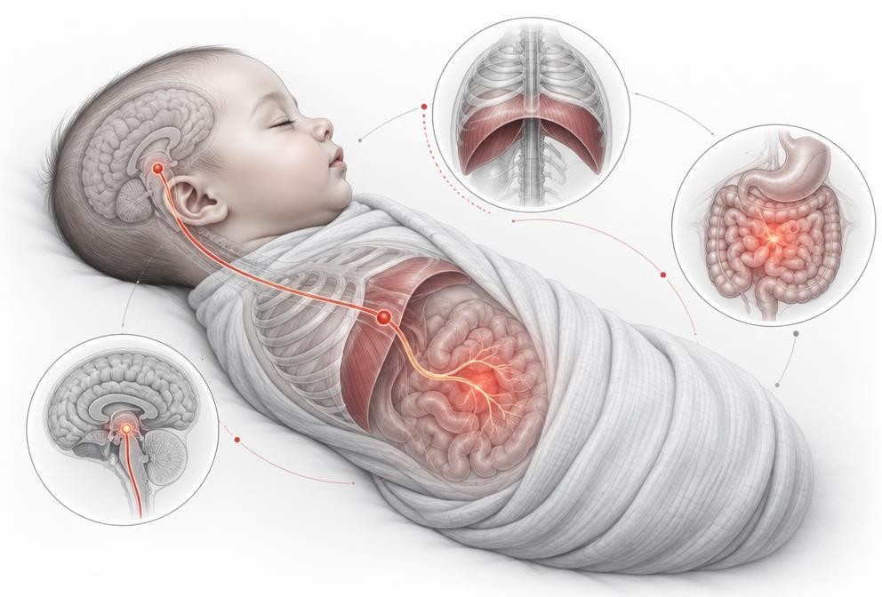 Gentle clinical illustration of infant nervous and digestive pathways