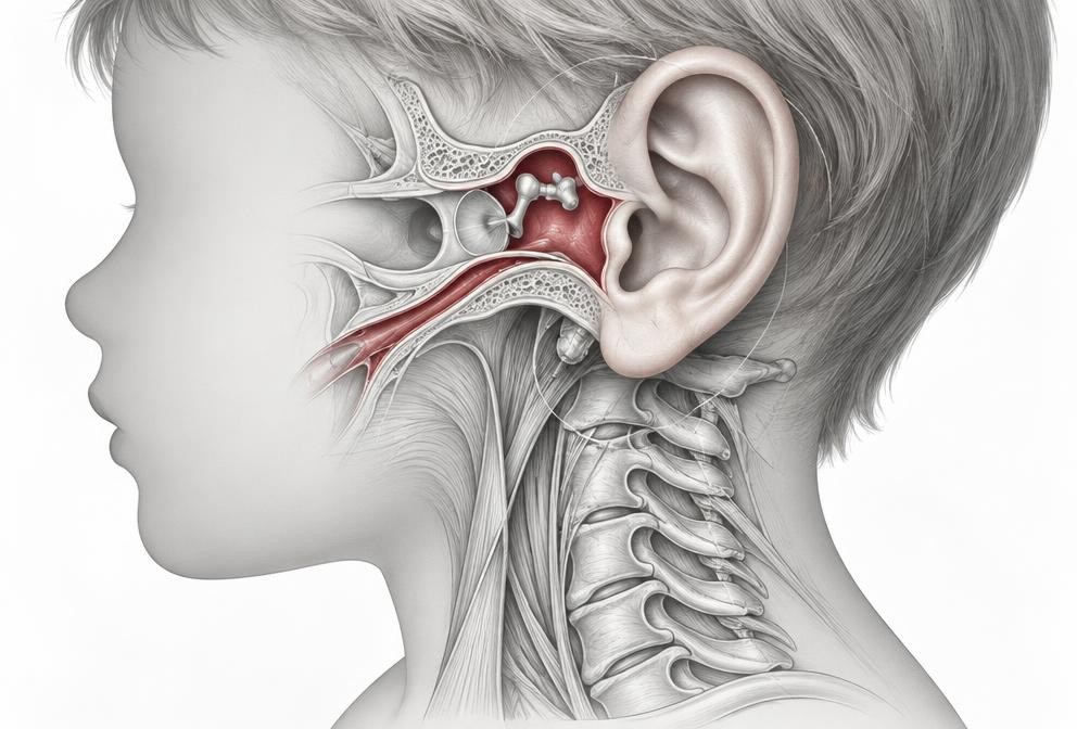 Clinical illustration of a child's middle ear and upper neck