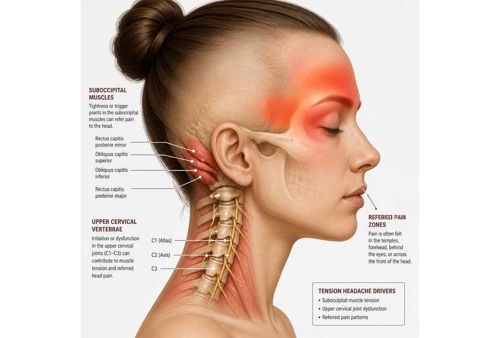 Clinical illustration of head and upper-neck structures associated with headaches