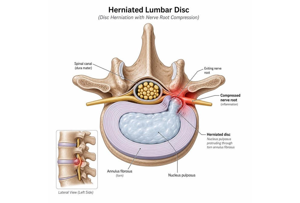 Clinical illustration of a spinal disc and nearby nerve