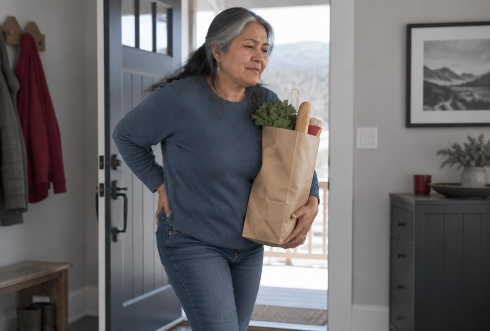 Woman pausing while carrying groceries because of hip discomfort