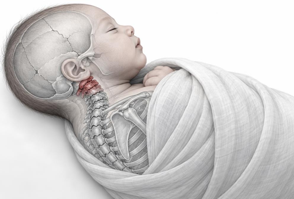 Gentle clinical illustration of newborn upper spine anatomy