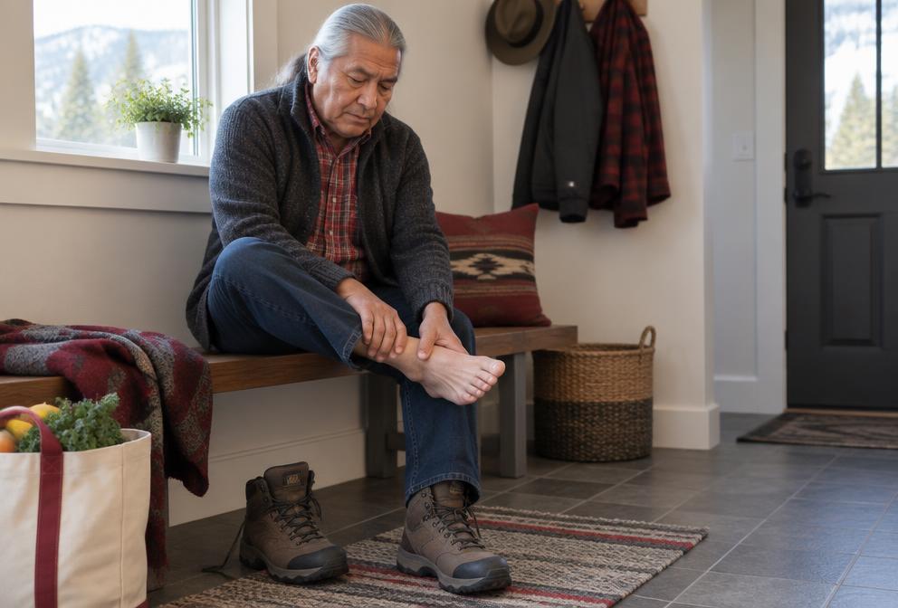 A 65-year-old man seated while checking a tingling foot