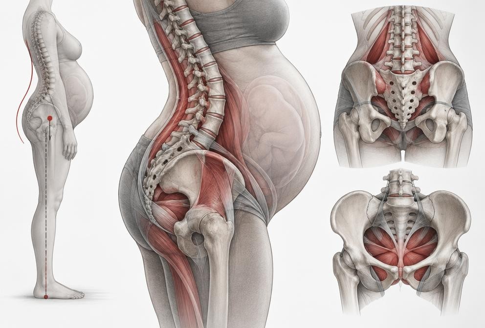 Clinical illustration of pregnancy-related spine and pelvic mechanics