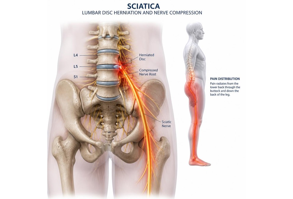 Clinical illustration of the sciatic nerve pathway
