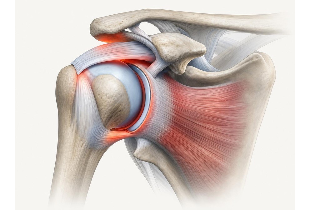 Clinical illustration of the shoulder joint and surrounding tissues