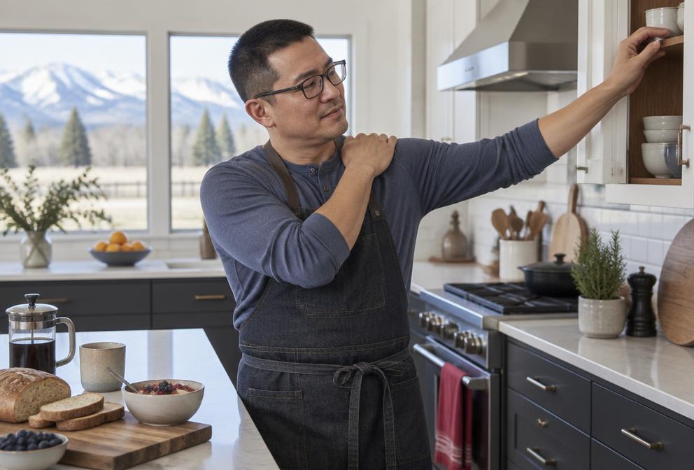 Man supporting his shoulder while reaching into a cupboard