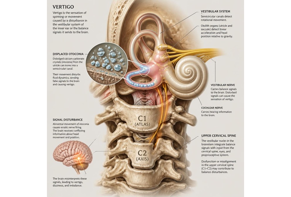 Clinical illustration of balance pathways involving the inner ear and brain